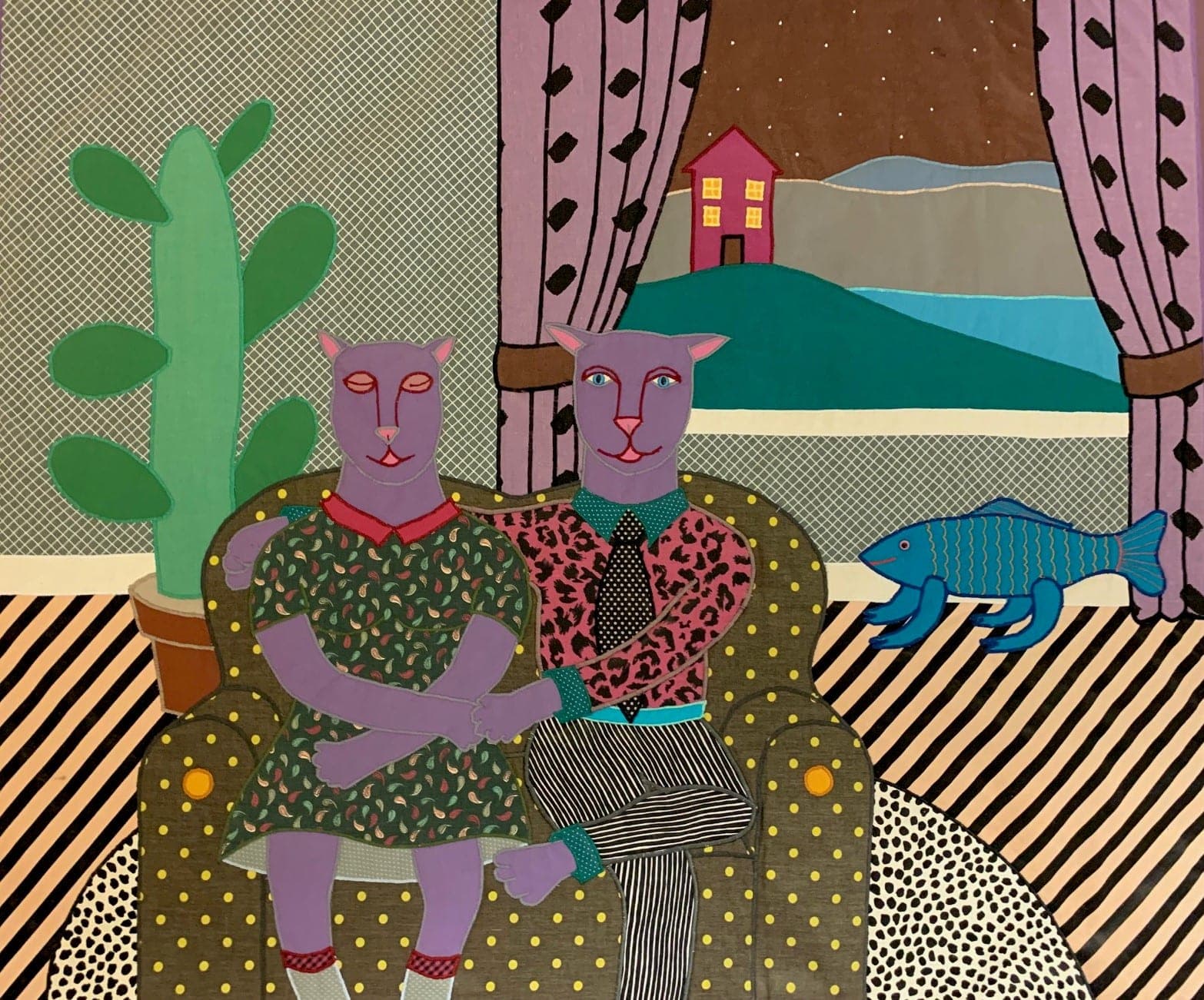 A colorful illustration of two anthropomorphic cats sitting together on a couch with a potted plant and a whimsical landscape in the background.
