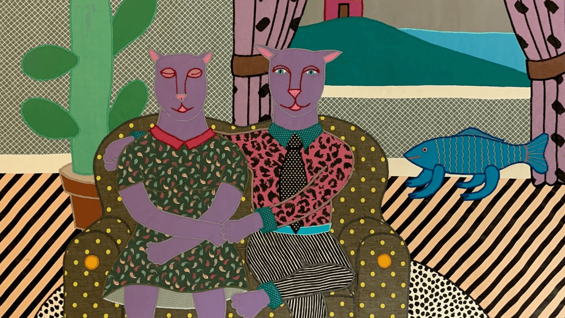 A colorful, abstract illustration of two purple anthropomorphic cats sitting together on a couch in a stylized room.