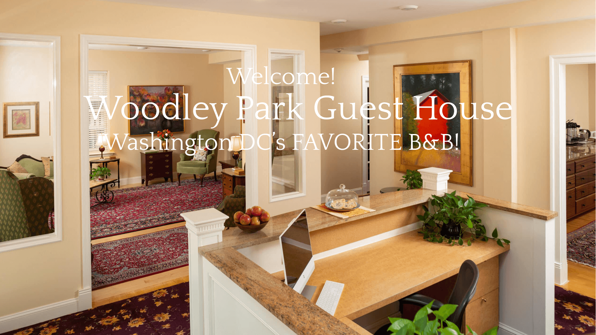 Interior of the Woodley Park Guest House, showcasing a welcoming reception area with decor and comfortable seating.